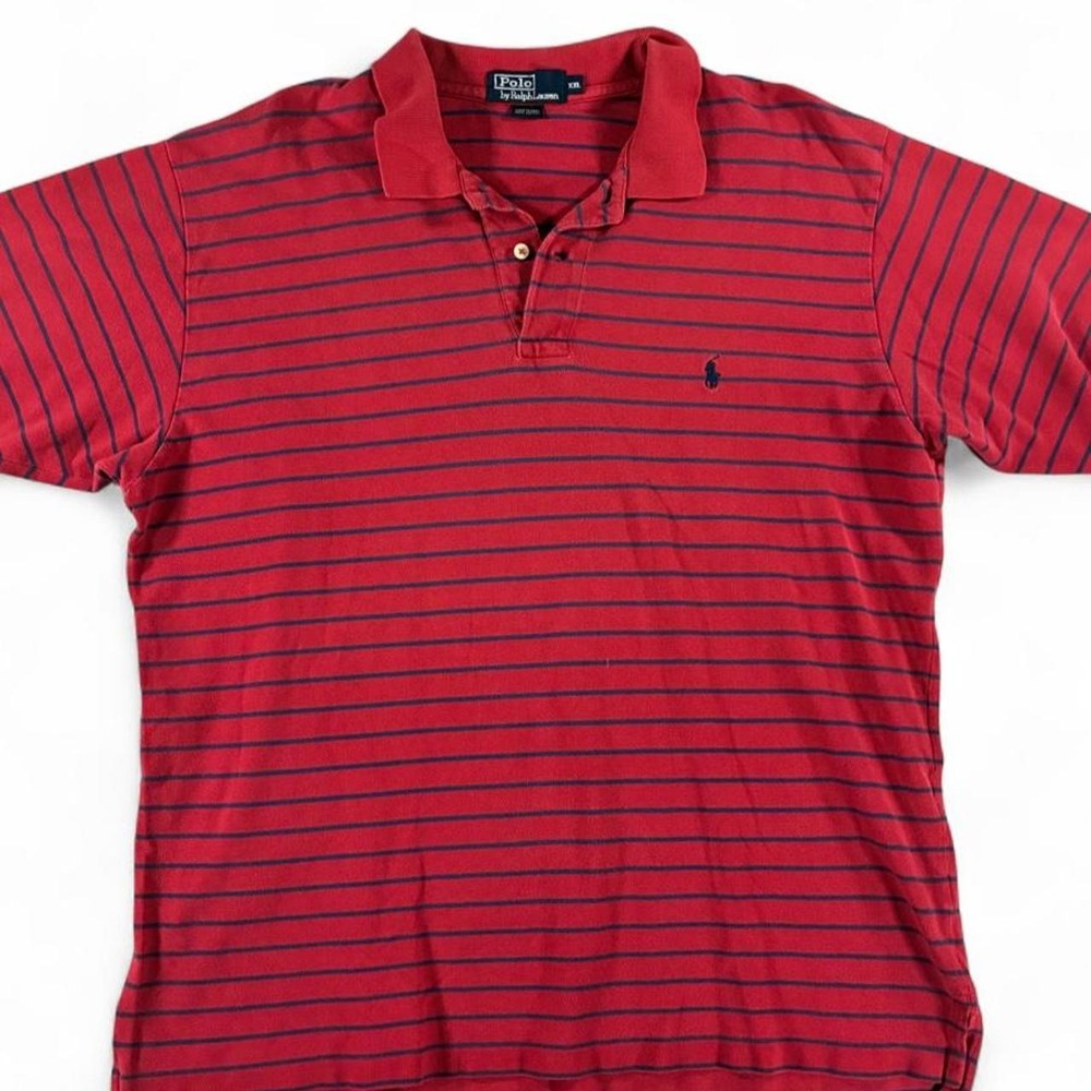 Y2K Polo Ralph Lauren red with thin blue horizontal striped polo shirt. Men's 2X